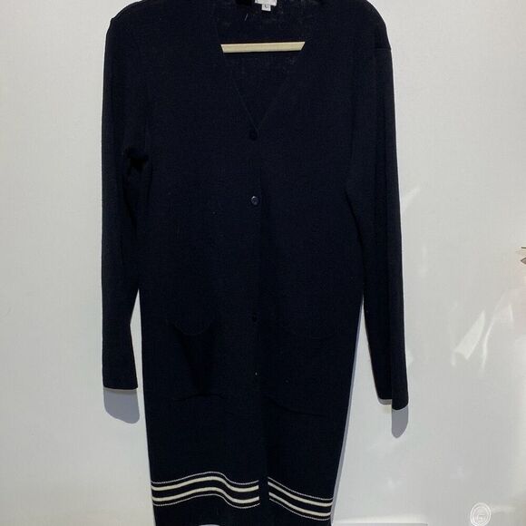 DKNY Women's Black White Wool Blend Button Front Longline Cardigan Size Large - Picture 1 of 9